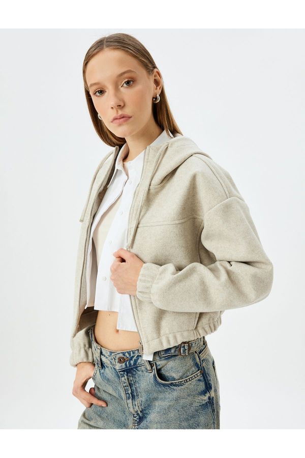 Koton Koton Hooded Zippered Stitch Detailed Crop Sweatshirt