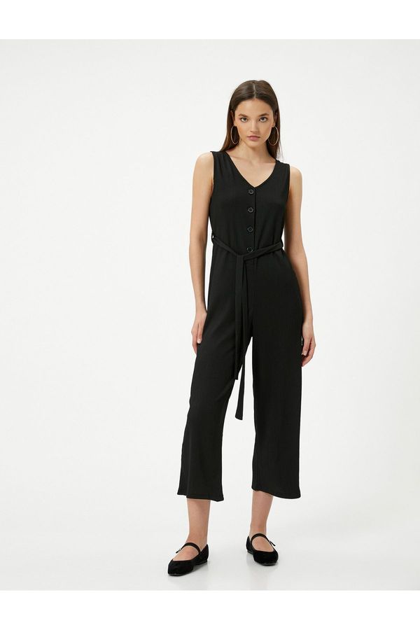 Koton Koton Jumpsuit V-Neck Buttoned Wide Leg Sleeveless Belt Detailed