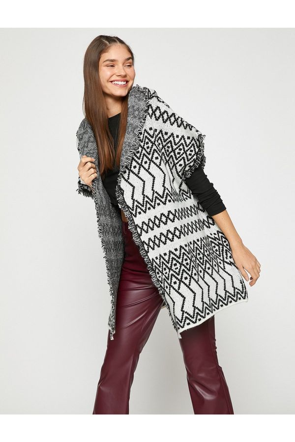 Koton Koton Knit Poncho Ethnic Patterned Hood Detail