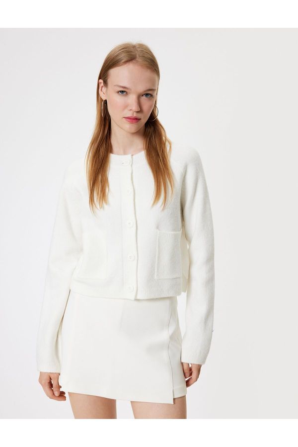 Koton Koton Knitted Cardigan Crew Neck Buttoned Pocket Detail Long Sleeve