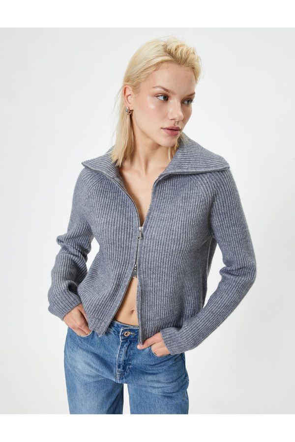 Koton Koton Knitted Cardigan Double-Sided Zipper Stand Collar Camisole Ribbed