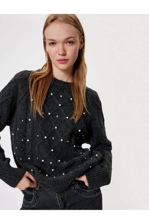 Koton Koton Knitwear Sweater Crew Neck Pearl Detailed Knit Textured Long Sleeve