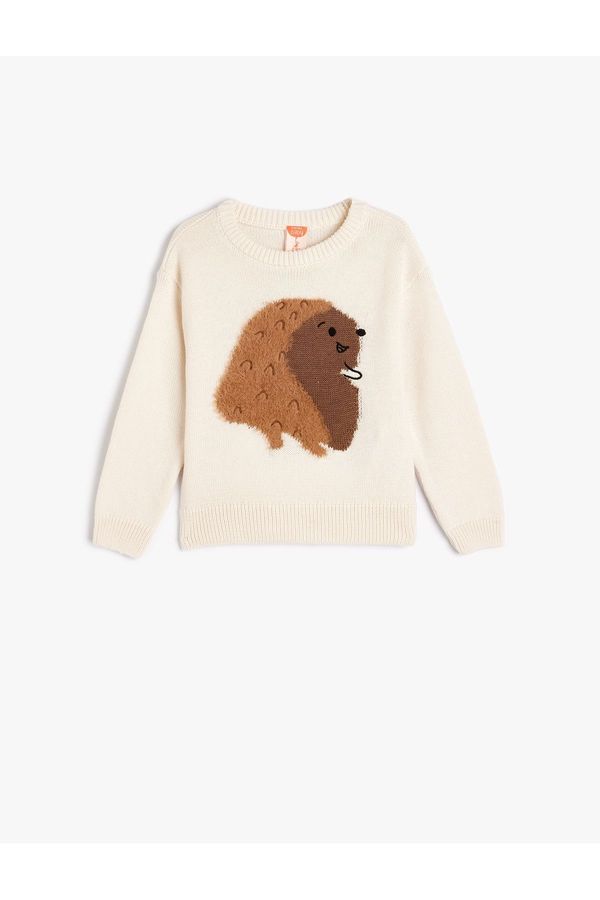 Koton Koton Knitwear Sweater Hedgehog Appliqued Long Sleeve Crew Neck