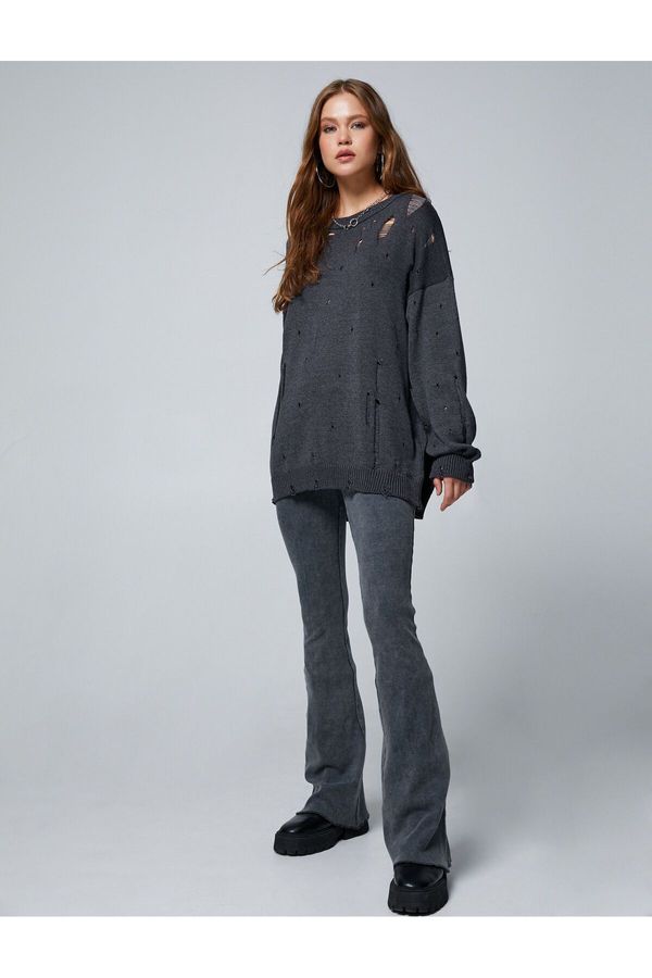 Koton Koton Knitwear Sweater Long Sleeve With Holes Ripped Detail Low Shoulder Crew Neck