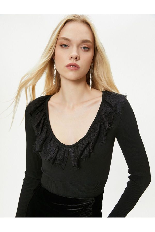 Koton Koton Knitwear Sweater V Neck Lace Ribbed - Handmade Collection