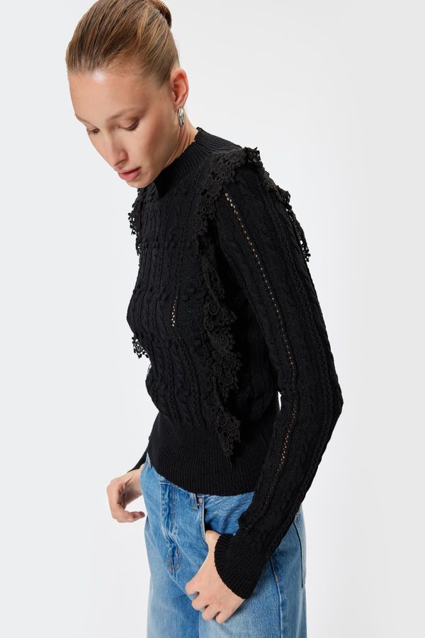 Koton Koton Lace Detailed Knitwear Sweater Lightweight Stand Collar Long Sleeve