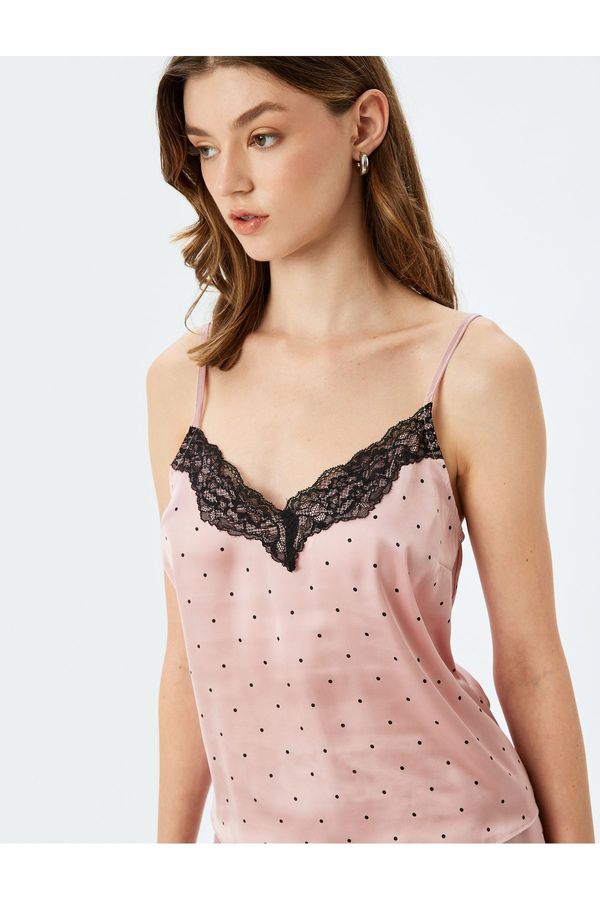 Koton Koton Lace Detailed Strapless V Neck Polka Dot Satin Pajama Top