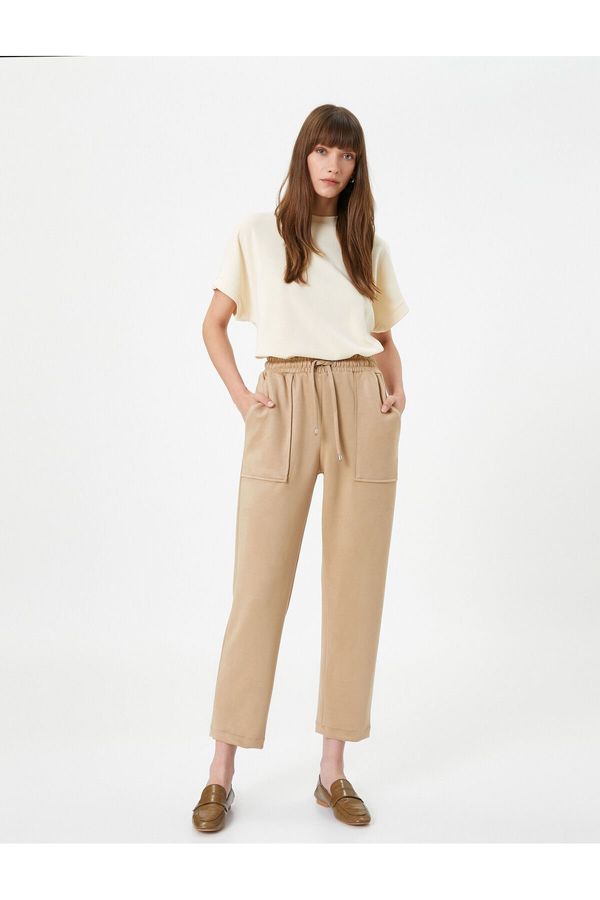 Koton Koton Laced Waist Trousers Suede Textured Pockets Tapered Leg