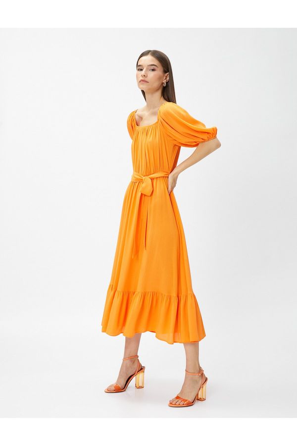 Koton Koton Layered Midi Length Dress With Open Shoulders With Belt