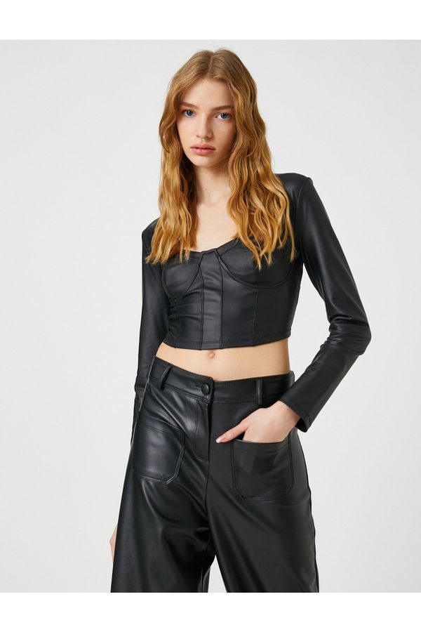Koton Koton Leather Look Bustier Long Sleeve Square Neck