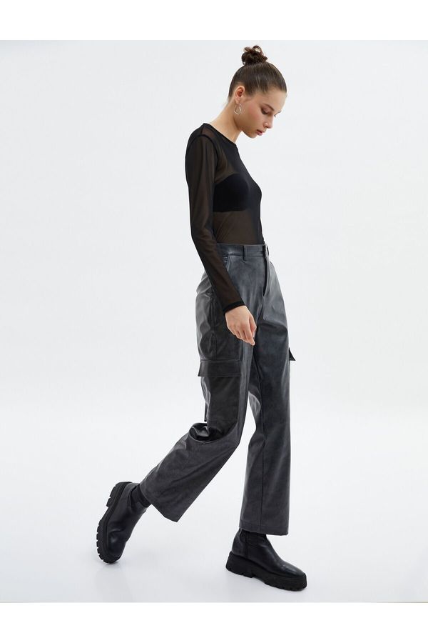 Koton Koton Leather Look Cargo Pants Faded Effect Normal Waist Straight Wide Legs With Pockets.