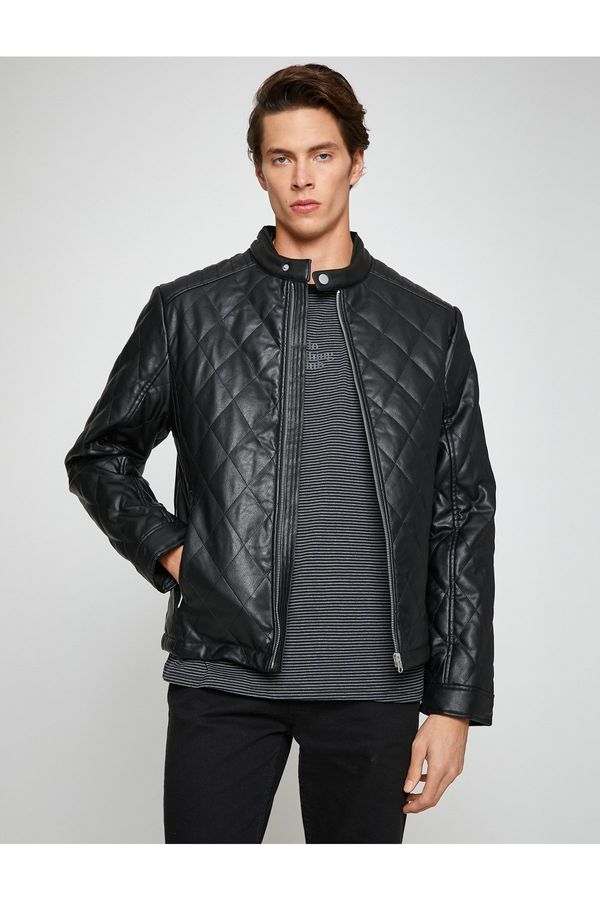 Koton Koton Leather Look Jacket Bomber Collar Quilted Pocket Detailed Waterproof