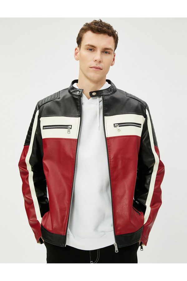 Koton Koton Leather Look Jacket Round Neck Zipper Pocket Detailed