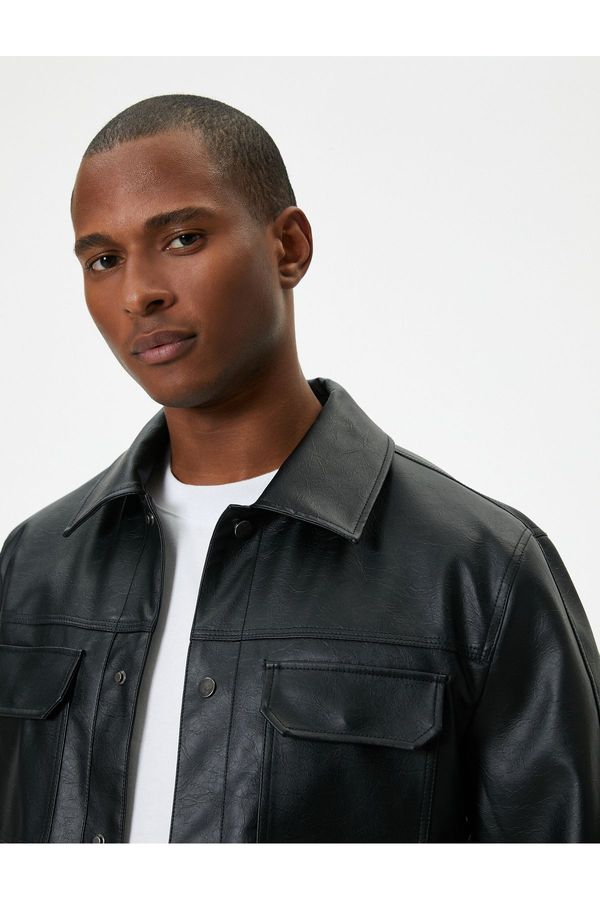 Koton Koton Leather Look Jacket Slim Fit Buttoned Pocket Detail