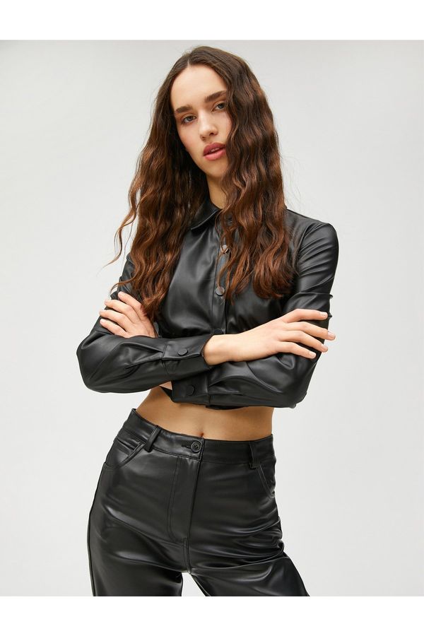 Koton Koton Leather Look T-Shirt with Crop Corset Detailed Long Sleeves and Buttons.