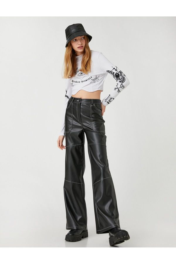 Koton Koton Leather Look Trousers Wide Leg Stitching Detail Pockets.