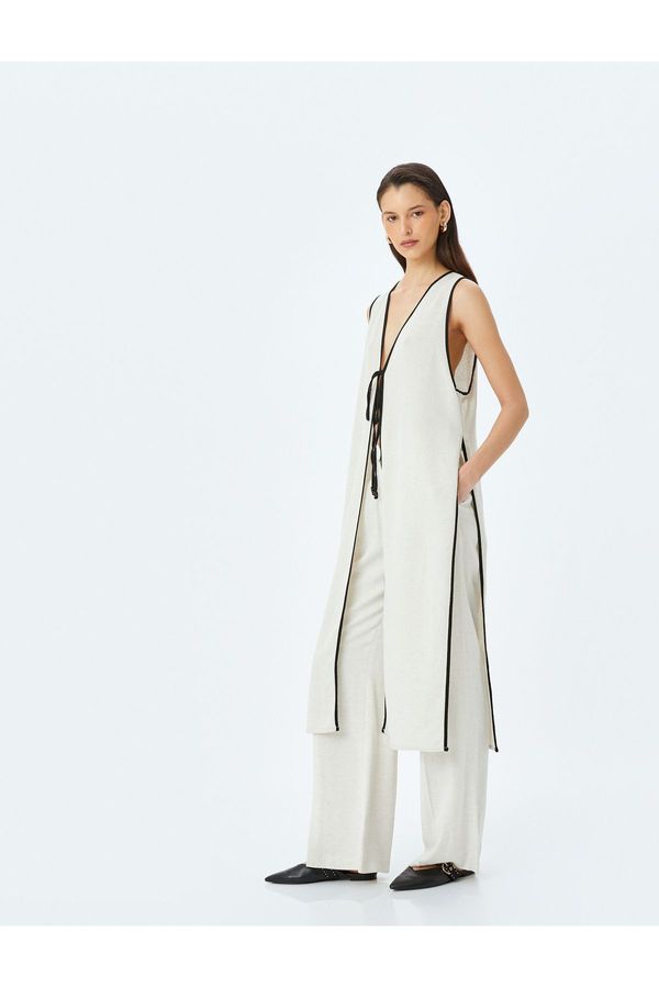 Koton Koton Linen Blend Front Tie Detail Long Sleeveless Vest