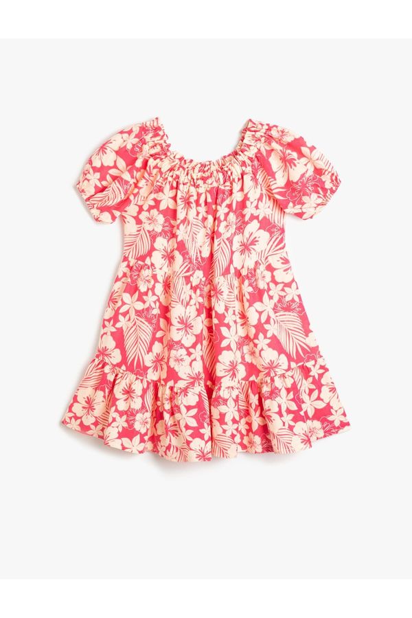 Koton Koton Linen Dress Floral Balloon Sleeve Tiered