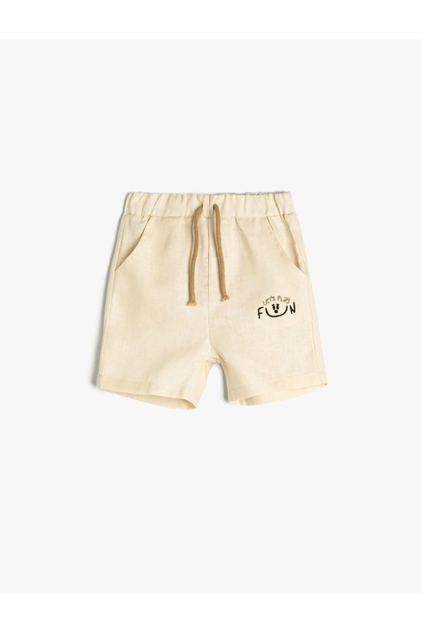 Koton Koton Linen Shorts with Pockets, Tied Waist and Embroidery Detail