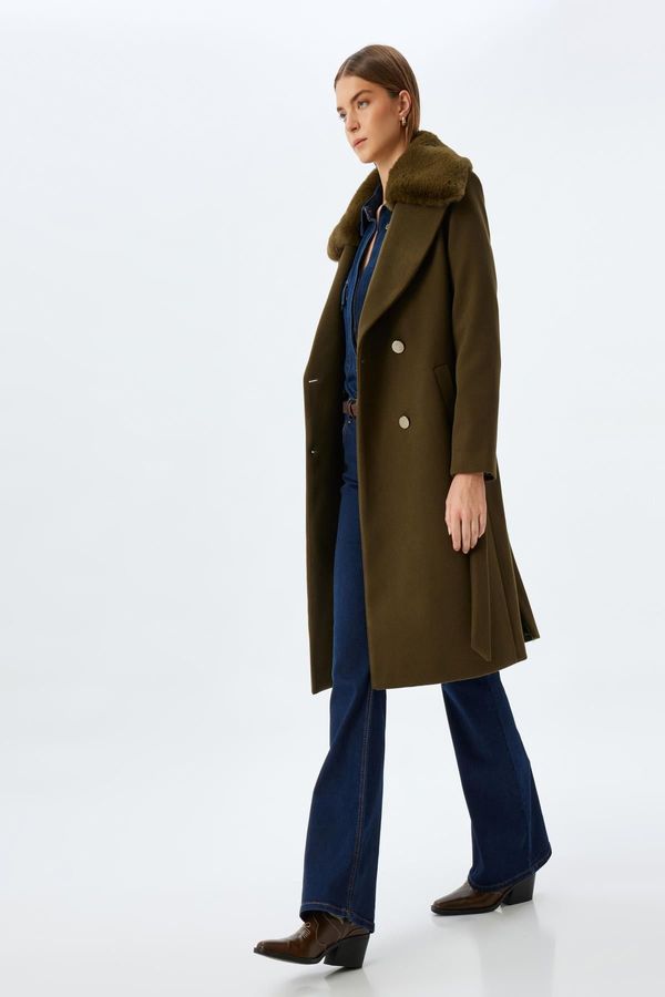 Koton Koton Long Cashmere Coat Detachable Faux Für Collar Double Breasted Buttoned Belt Pocket