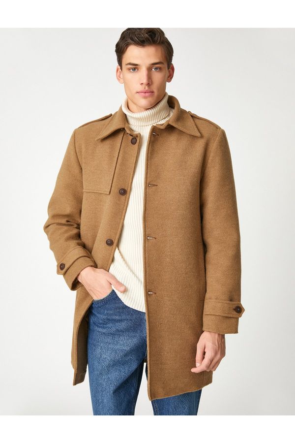 Koton Koton Long Cuffed Coat with Button Detailed Pockets, Classic Collar