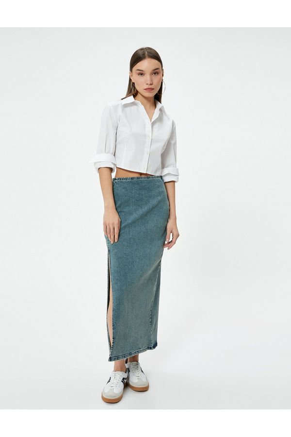 Koton Koton Long Denim Skirt Side Slit Detail High Waist Cotton