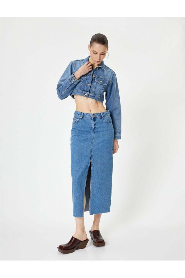 Koton Koton Long Denim Skirt with Front Slit Detail, High Waist, Pocket, Comfortable Fit