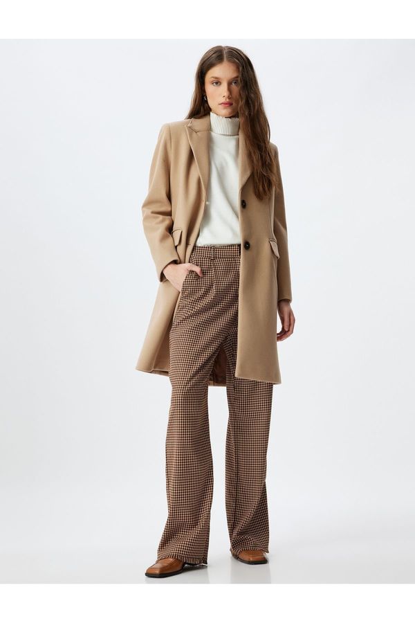 Koton Koton Long Double Breasted Cashmere Coat with Reverse Collar and Buttoned Pockets