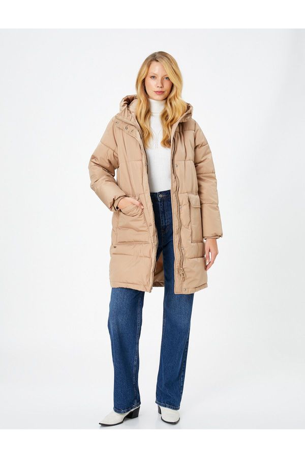 Koton Koton Long Down Coat Zipper Hooded Flap Pocket