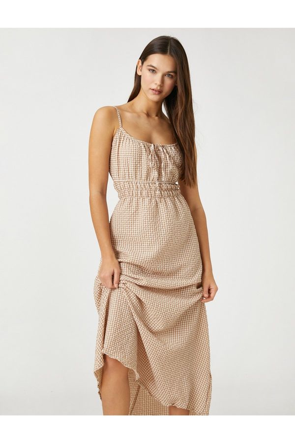 Koton Koton Long Dress Gingham With Thin Straps Glitted Waist
