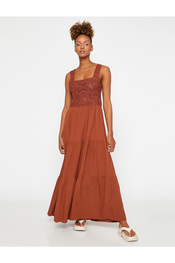 Koton Koton Long Dress with Crochet Detailed Straps, Square Collar