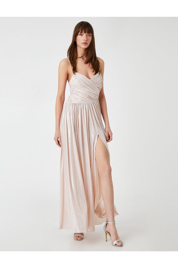 Koton Koton Long Evening Dress Draped Strap Shiny