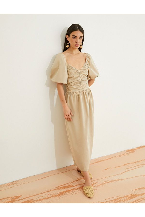 Koton Koton Long Poplin Dress Balloon Sleeve Draped V-Neck Cotton