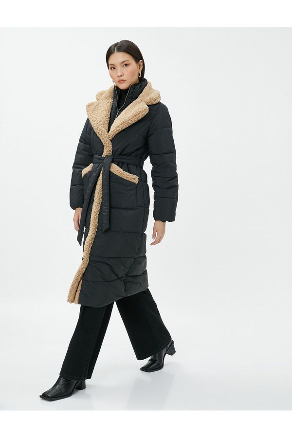 Koton Koton Long Puffer Jacket with Belted Plush Detail