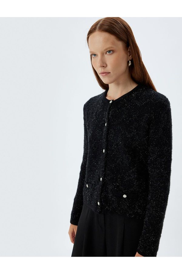 Koton Koton Long Sleeve Round Neck Buttoned Pocket Plush Cardigan