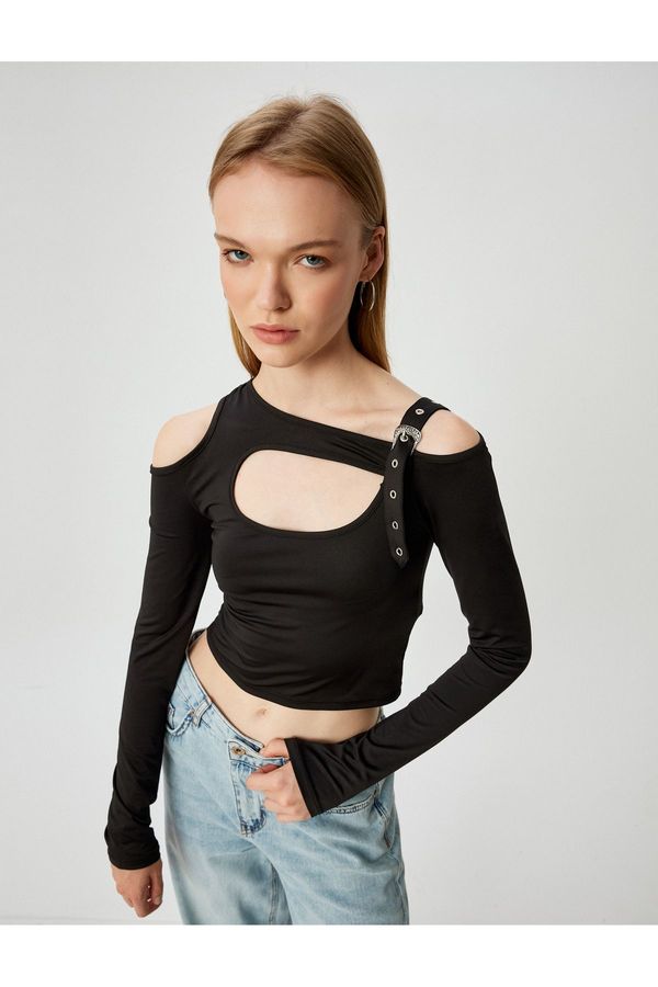 Koton Koton Long Sleeve T-Shirt Crop Window Detail Belted