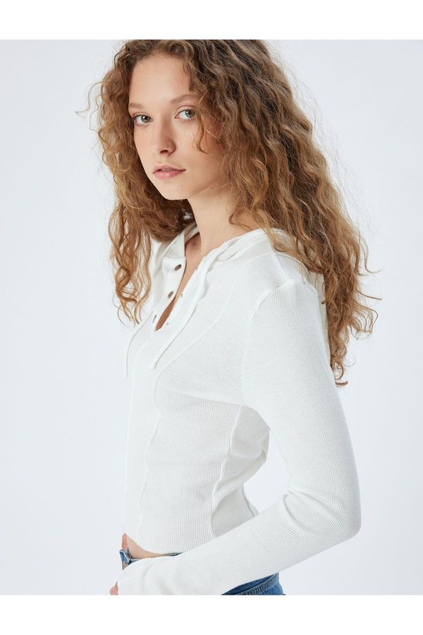 Koton Koton Long Sleeve T-Shirt Hooded Ribbed Snap Button Detail Cotton