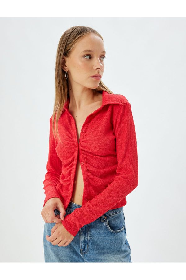 Koton Koton Long Sleeve T-Shirt Shirt Collar Button Down Slim Fit Textured