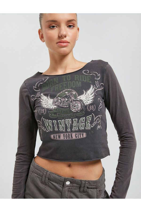 Koton Koton Long Sleeve T-Shirt Washed Printed Crew Neck