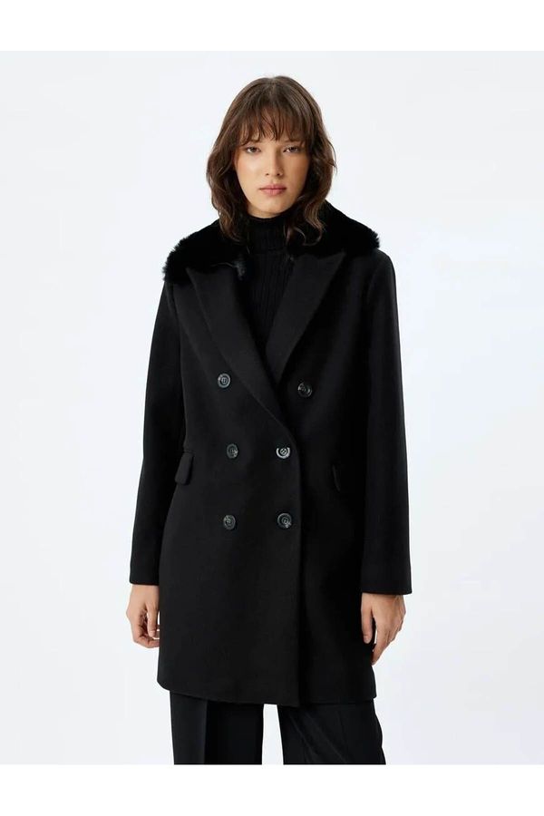 Koton Koton Long Stamp Coat with Removable Faux Für Collar and Pockets