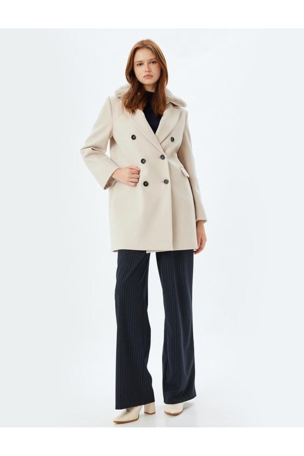 Koton Koton Long Stamp Coat with Removable Faux Für Collar and Pockets