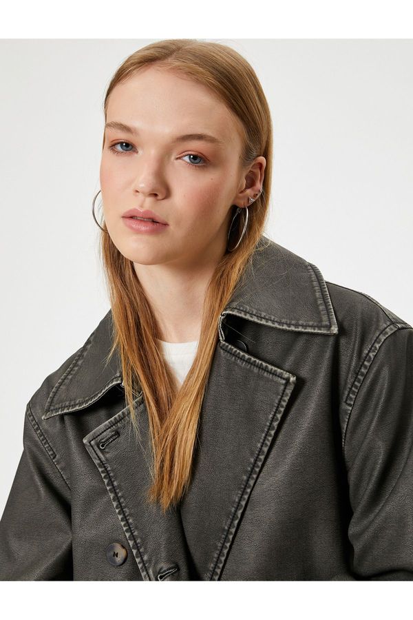 Koton Koton Long Trench Coat Leather Look Belted Button Detailed Pocket