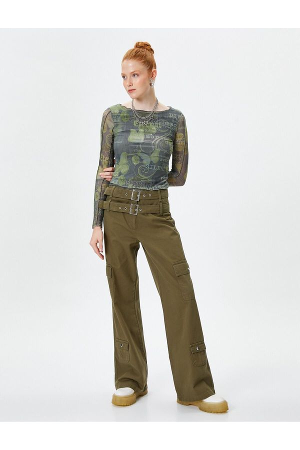 Koton Koton Low Waist Cargo Trousers Double Belted, Straight Leg Cotton Cotton with Pocket Detailed.