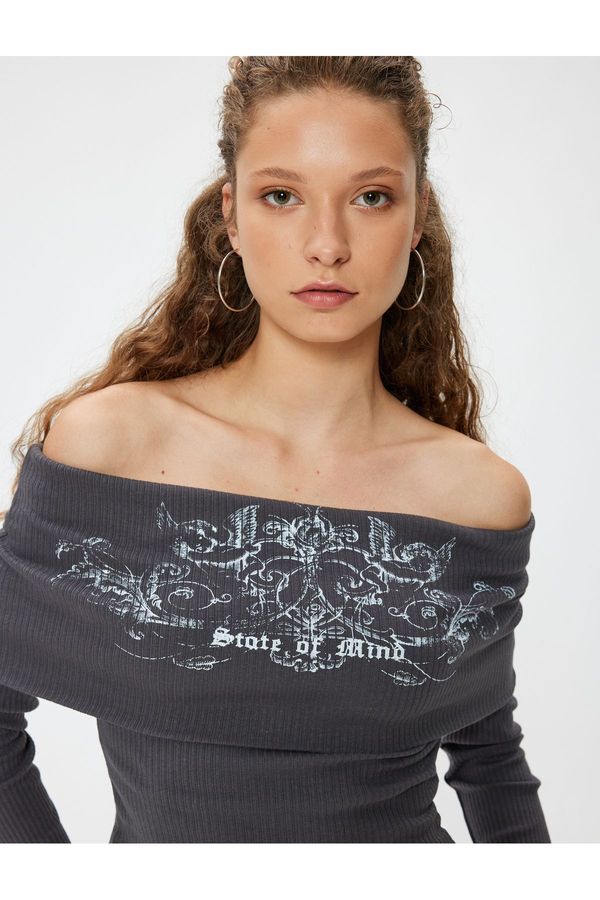 Koton Koton Madonna Collar Off Shoulder T-Shirt Camisole Long Sleeve Printed Cotton Slim Fit