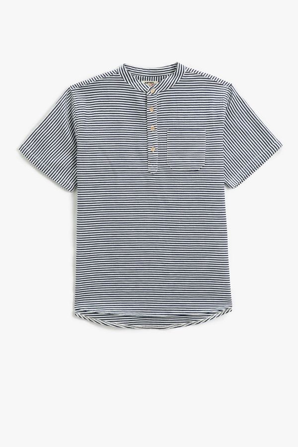 Koton Koton Mandarin Collar T-Shirt Short Sleeve Buttoned Single Pocket Striped Cotton