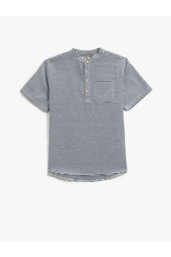 Koton Koton Mandarin Collar T-Shirt Short Sleeved One Pocket Striped Cotton