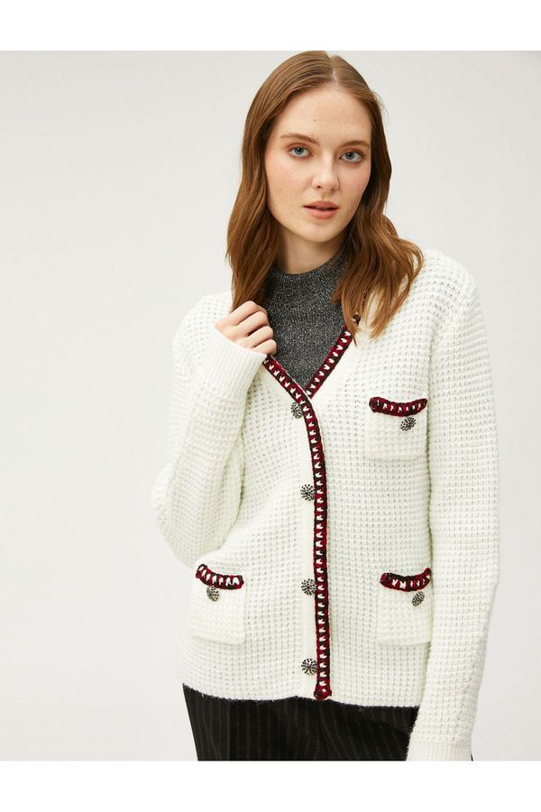 Koton Koton Melis Ağazat X - Button Detailed V-neck Knitted Cardigan with Pockets.