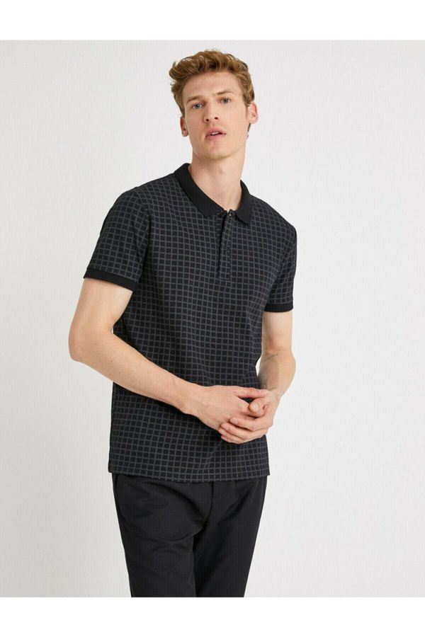 Koton Koton Men's Black Checkered Cotton Slim Fit Polo Neck T-Shirt.