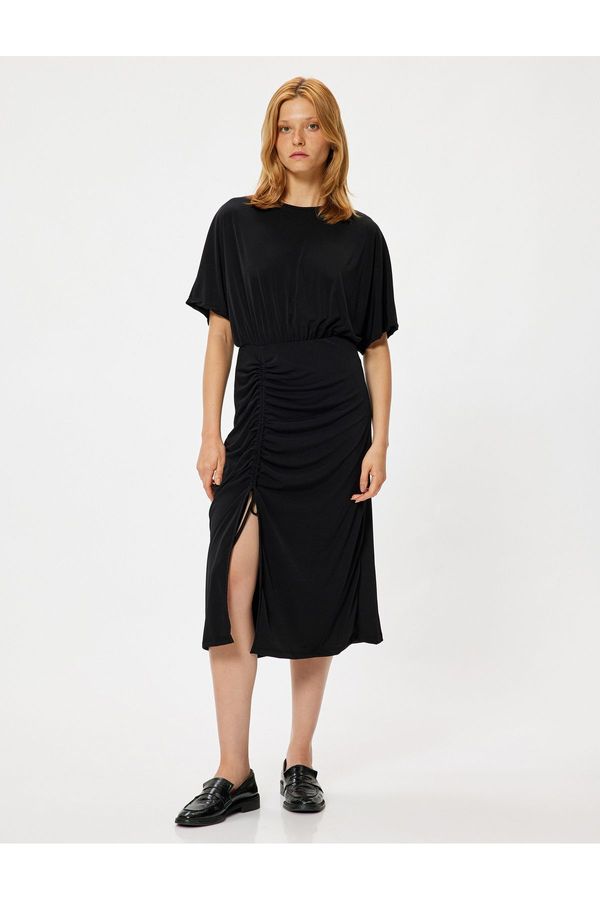 Koton Koton Midi Dress Short Sleeve Round Neck Gathered Slit Detail