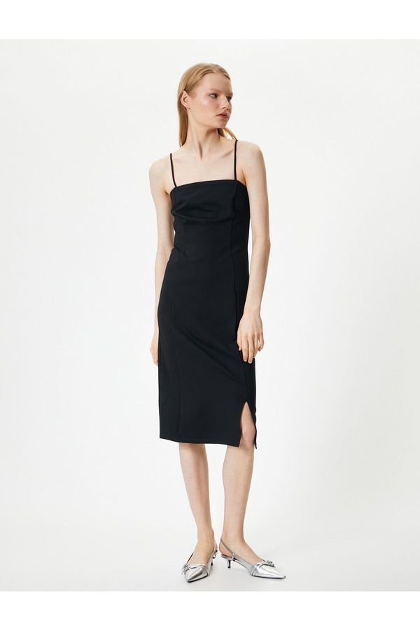 Koton Koton Midi Length Viscose Dress with Thin Straps and Slit Detail